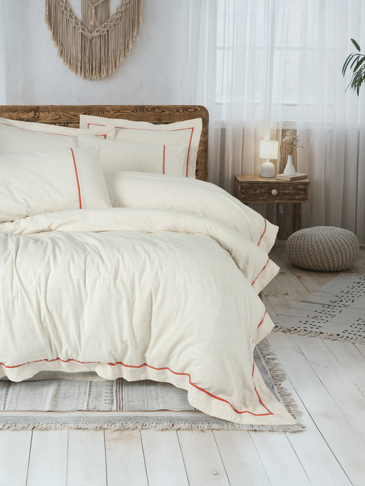 Inborn Premium-Bettwäscheset – Leinen-Baumwoll-Mix mit natürlicher Struktur – 6-teilig, Orange gestreift