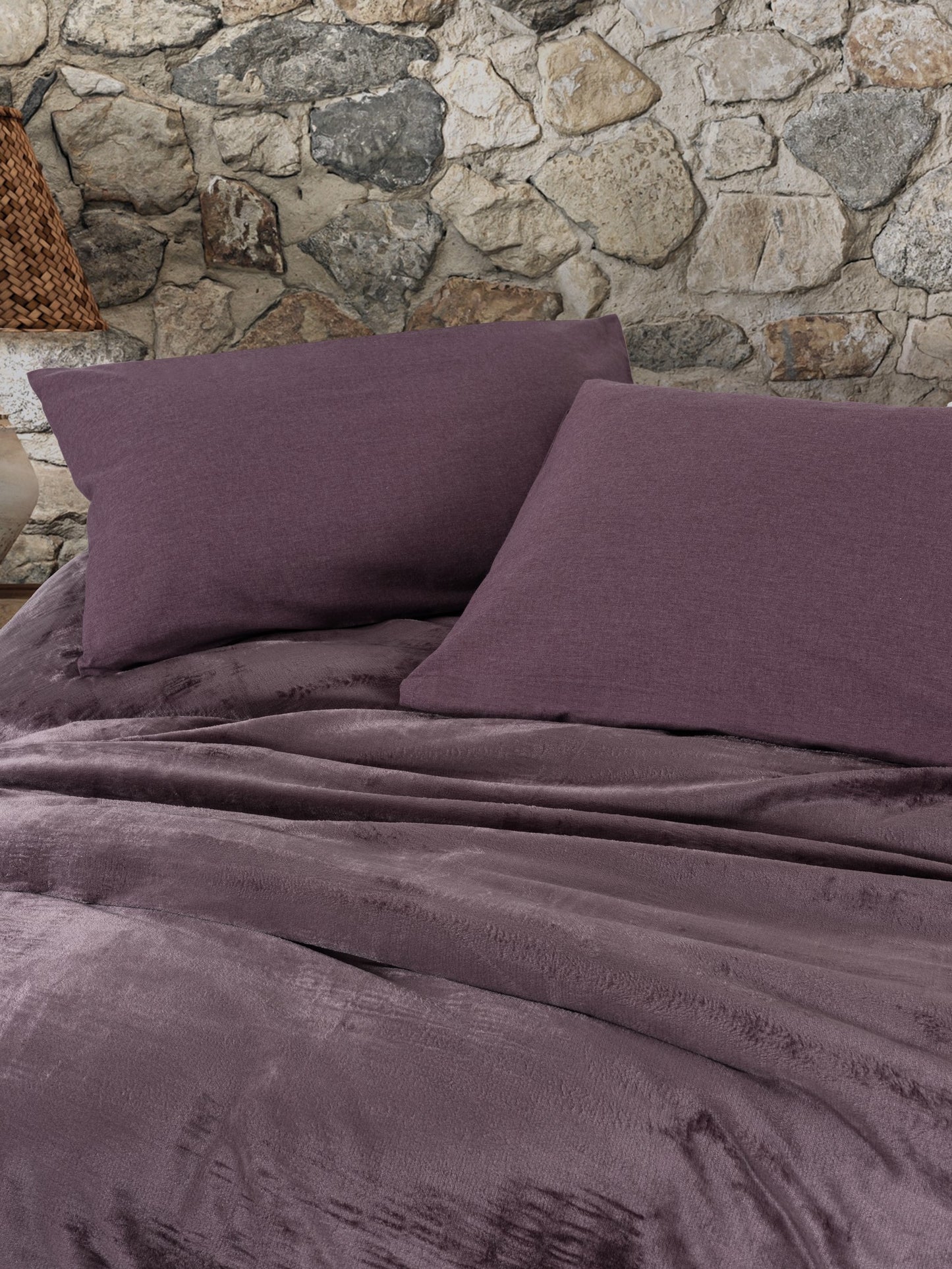 Samt-Bettbezug-Set für Doppelbett, Flossy Pflaumenfarbe