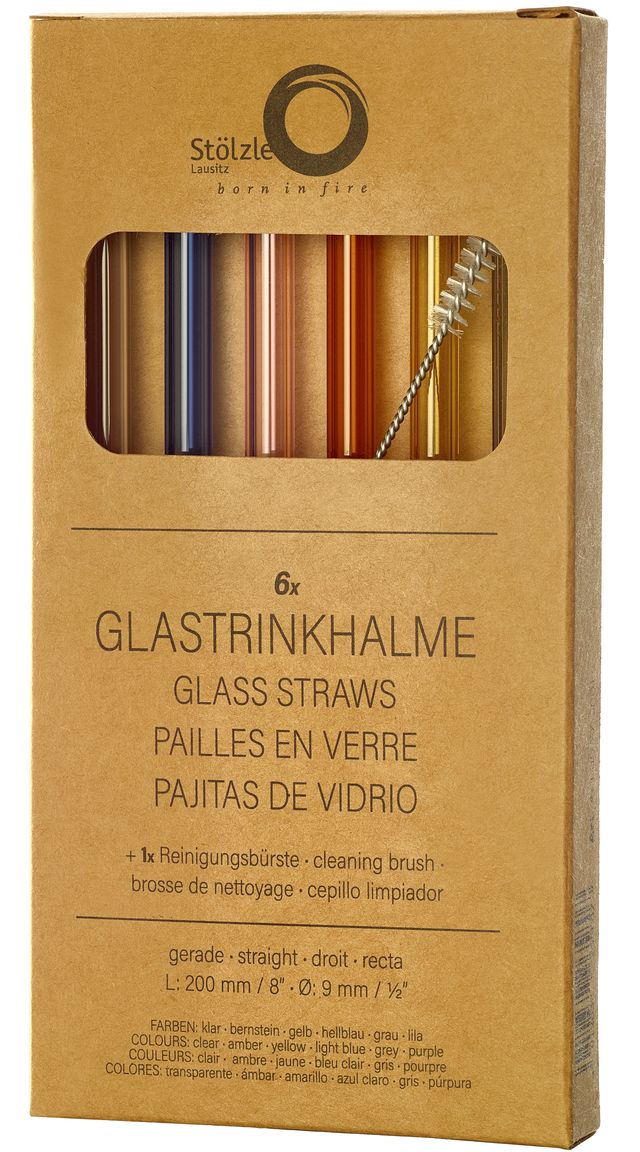 Glastrinkhalme farbig gemixt inkl. Reinigungsbürste, 6er Set 200mm