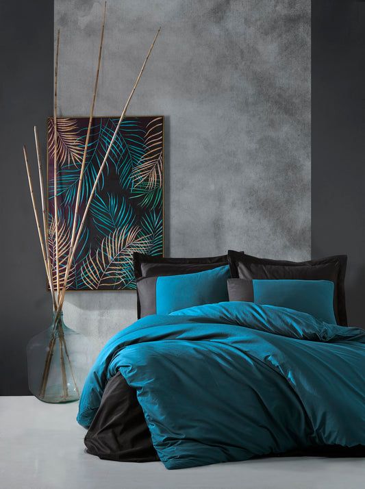Plain Doppelbett-Bettwäsche-Set – Petrol/Schwarz