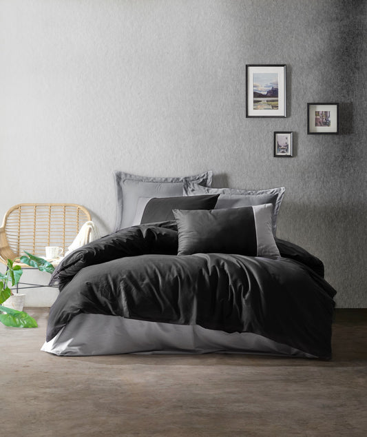 Plain Doppelbett-Bettwäsche-Set – Schwarz/Grau