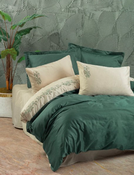 Brode-besticktes Satin Bettbezug-Set für Doppelbett-Andy Grün