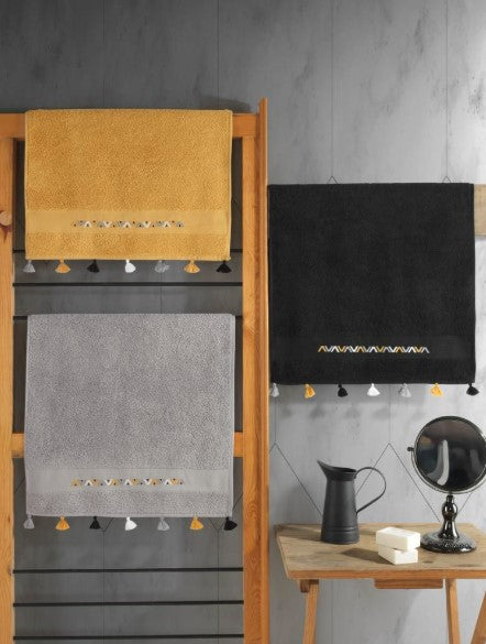 3-teiliges Handtuchset mit bestickten Quasten, 100 % Baumwolle, Senfgelb-Grau-Schwarz