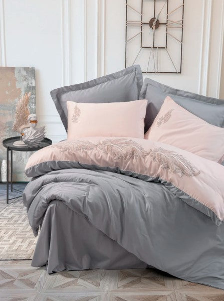 Brode-besticktes Satin Bettbezug-Set für Doppelbett-Glanzgrau
