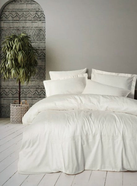 Brode-Besticktes Satin Bettwäsche-Set für Doppelbett-Luxe Ecru