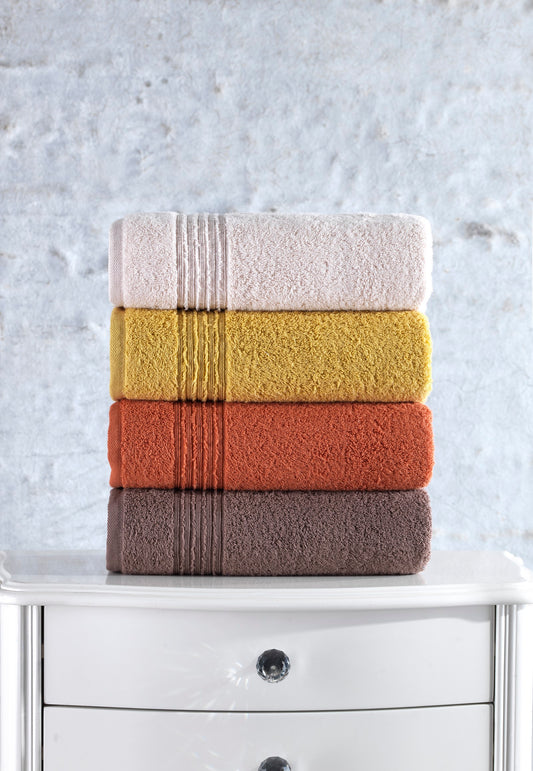 4-teiliges Handtuchset „Naturtöne“ aus 100 % Baumwolle – Koralle, Sonnengelb, Kaffeebraun & Beige