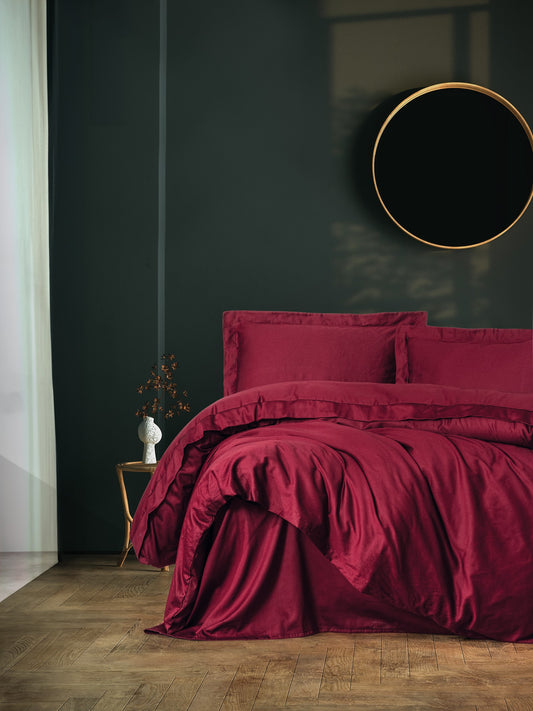 Elegantes Satin-Bettbezug-Set für Doppelbett, Weinrot