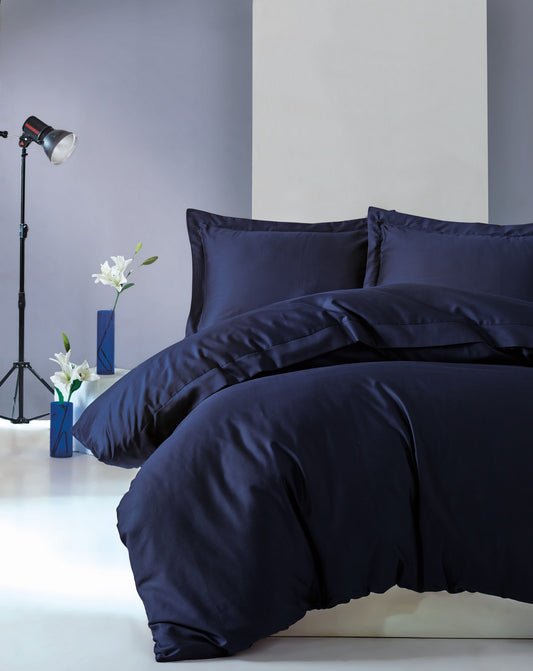 Elegantes Satin-Bettbezug-Set für Doppelbetten – Marineblau
