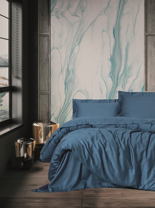 Elegantes Satin-Bettbezug-Set für Doppelbett, Blau