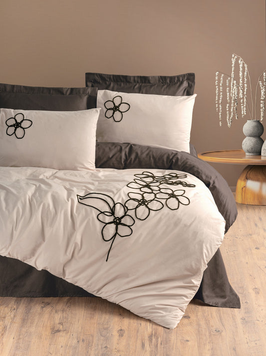 Brode – Besticktes Ranforce-Bettbezug-Set für Doppelbett, Panos Brown
