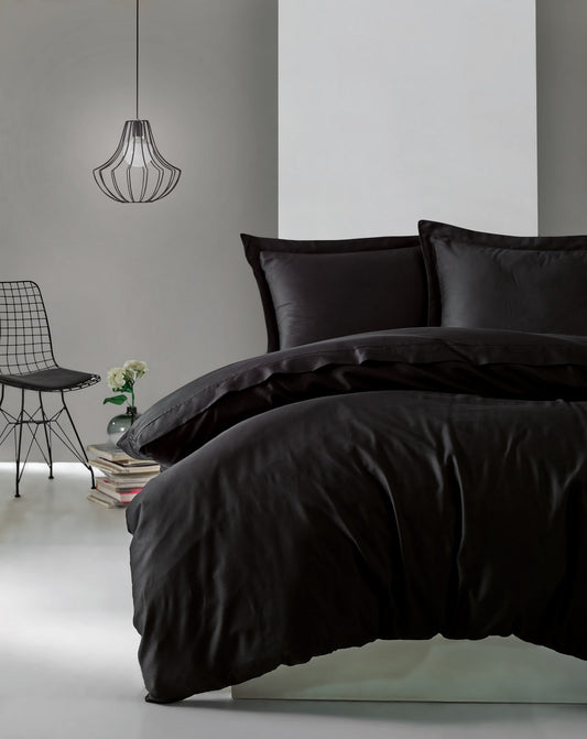 Elegantes Satin-Bettbezug-Set für Doppelbett, Schwarz